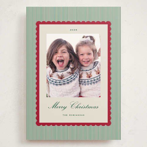 This is a holly holiday photo cards with standard by Emily Betts called stripe scallop printing on signature in grand
