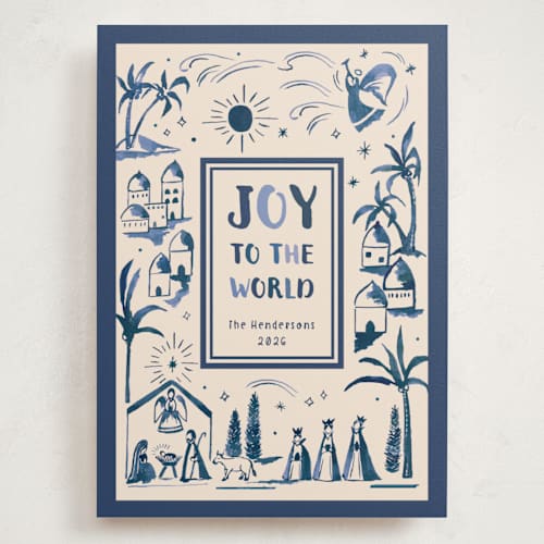 This is a blue jay holiday photo cards with standard by Teju Reval called painted nativity printing on signature in grand
