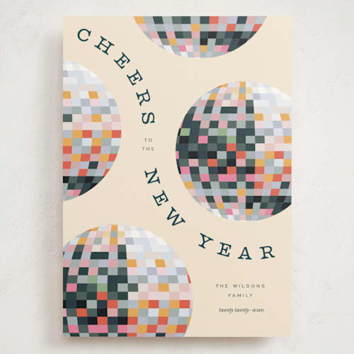This is a champagne holiday photo cards with standard by Pixel and Hank called new year disco printing on signature in grand