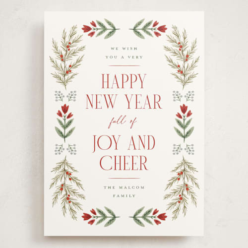 This is a poinsettia holiday photo cards with standard by Wildfield Paper Co called folk floral printing on signature in grand