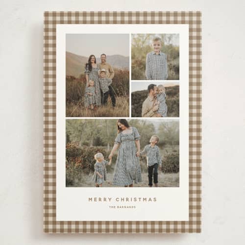 This is a tan holiday photo cards with standard by Stacey Meacham called gingham grid printing on signature in grand