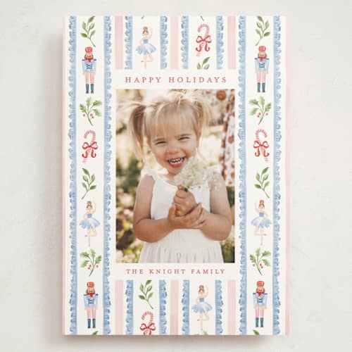 This is a blue spruce holiday photo cards with standard by Sarah Knight called nutcracker pattern printing on signature in grand