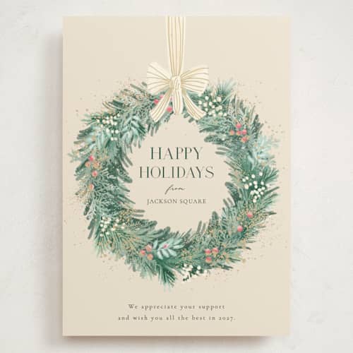 This is a vanilla holiday photo cards with standard by frau brandt called natural wreath printing on signature in grand