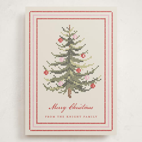 This is a poinsettia holiday photo cards with standard by Sarah Knight called needlepoint tree printing on signature in grand