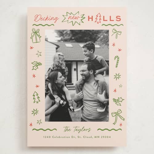 This is a pine holiday photo cards with standard by Alethea and Ruth called decking new halls drawing printing on signature in grand
