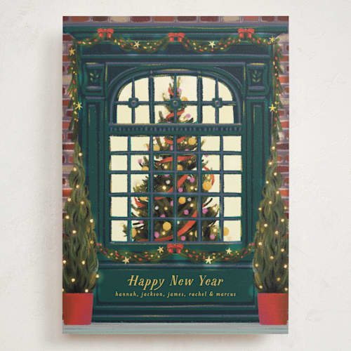 This is a dark turquoise holiday photo cards with standard by Becky Nimoy called christmas window printing on signature in grand