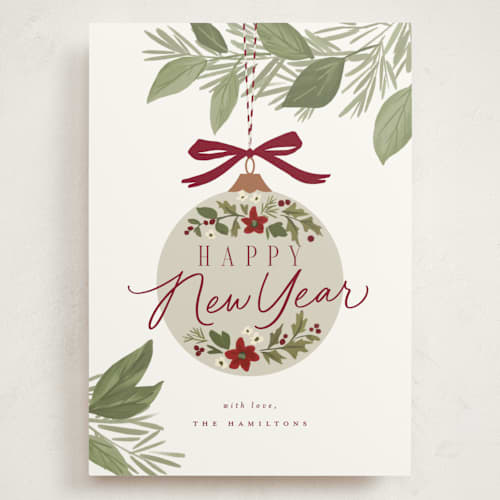 This is a snow holiday photo cards with standard by Everett Paper Goods called ornament branch printing on signature in grand