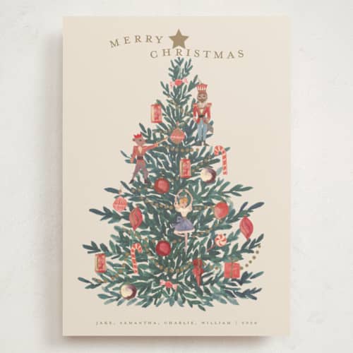 This is a caramel holiday photo cards with standard by Teju Reval called nutcracker tree printing on signature in grand