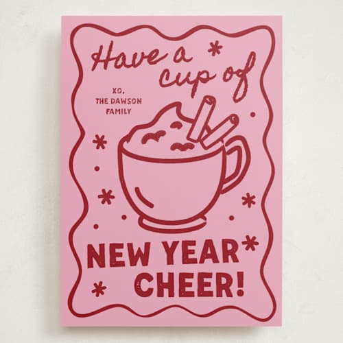 This is a raspberry holiday photo cards with standard by Jennifer Lew called holiday cheer printing on signature in grand