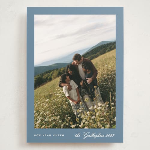 This is a sky blue holiday photo cards with standard by Nicole Walsh called modern minimalist printing on signature in grand