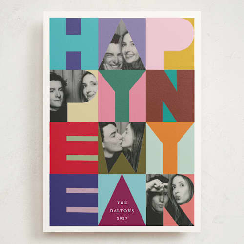 This is a rainbow holiday photo cards with standard by lulu and isabelle called pop art new year printing on signature in grand
