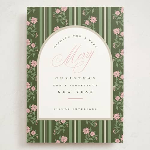This is a winter rose holiday photo cards with standard by Susan Zinader called poinsettia stripe wallpaper printing on signature in grand