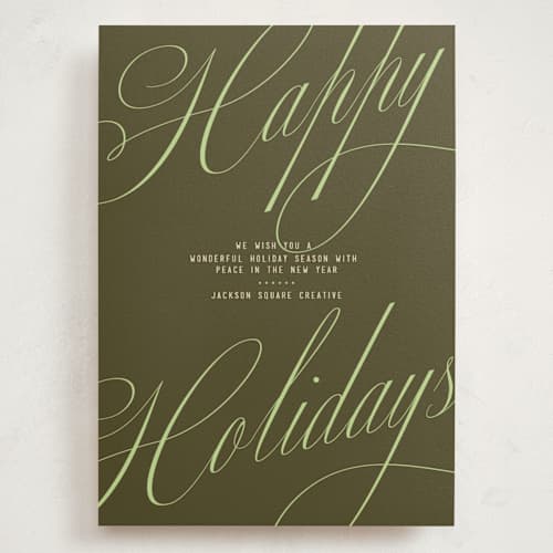 This is a olive holiday photo cards with standard by Susan Zinader called stylish script printing on signature in grand