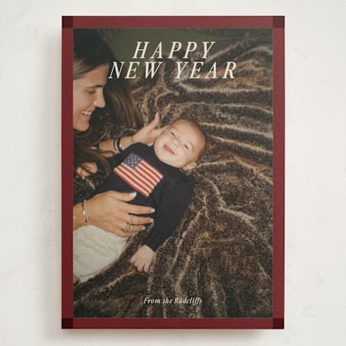 This is a burgundy holiday photo cards with standard by Ani Somi called patchwork printing on signature in grand