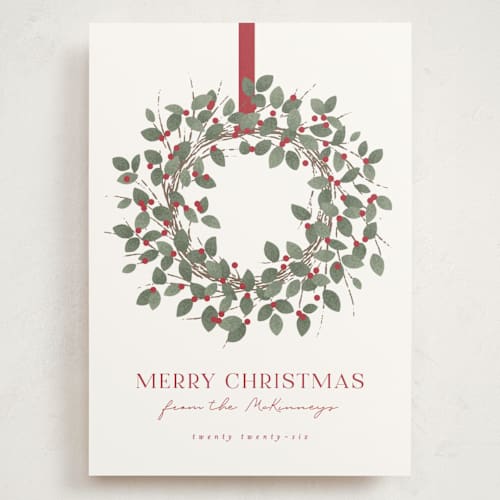 This is a holly holiday photo cards with standard by Kacey Kendrick Wagner called classic wreath printing on signature in grand