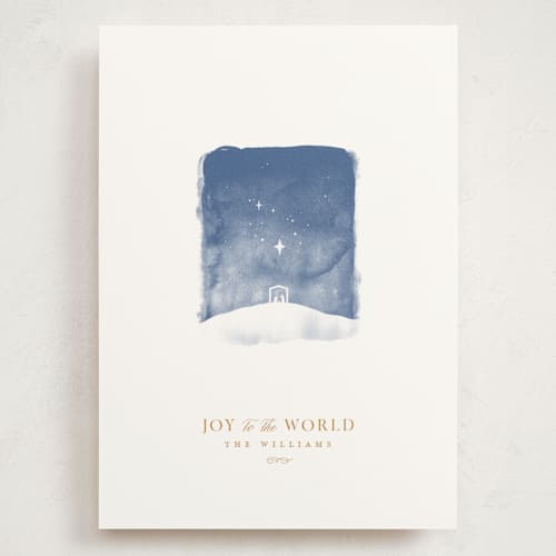 This is a linen holiday photo cards with standard by Robert and Stella called tiny nativity printing on signature in grand