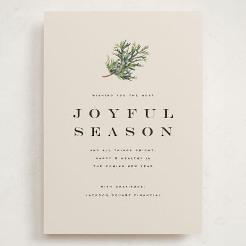 This is a putty holiday photo cards with standard by Olivia Kanaley Inman called juniper sprig printing on signature in grand
