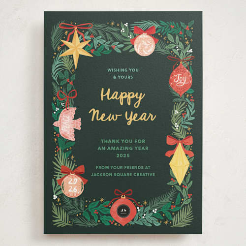 This is a pine holiday photo cards with standard by Elly called ornaments printing on signature in grand