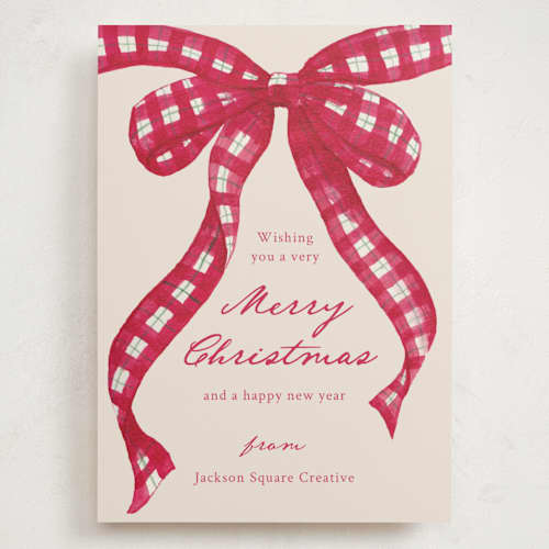 This is a cranberry holiday photo cards with standard by ForeverPrint called tartan bow printing on signature in grand