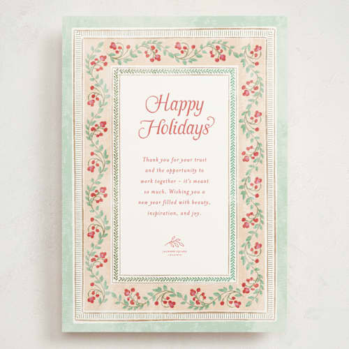 This is a mint holiday photo cards with standard by Kamala Nahas called botanical border printing on signature in grand