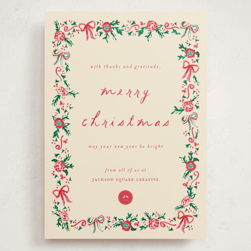 This is a ivory holiday photo cards with standard by Sarah Rosenthal called decked in gratitude printing on signature in grand
