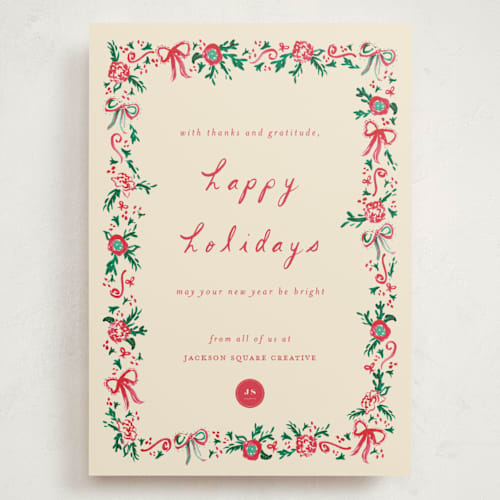 This is a ivory holiday photo cards with standard by Sarah Rosenthal called decked in gratitude printing on signature in grand