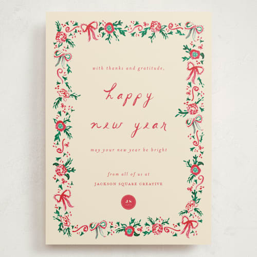 This is a ivory holiday photo cards with standard by Sarah Rosenthal called decked in gratitude printing on signature in grand