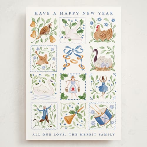 This is a goose egg holiday photo cards with standard by Sarah Knight called 12 days of christmas stamps printing on signature in grand