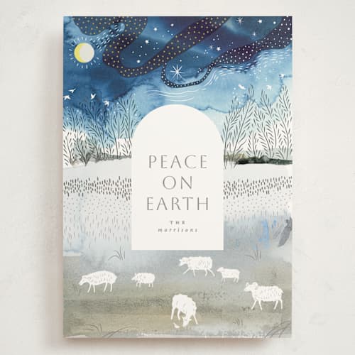 This is a indigo holiday photo cards with standard by Eve Schultz called winter pastoral printing on signature in grand
