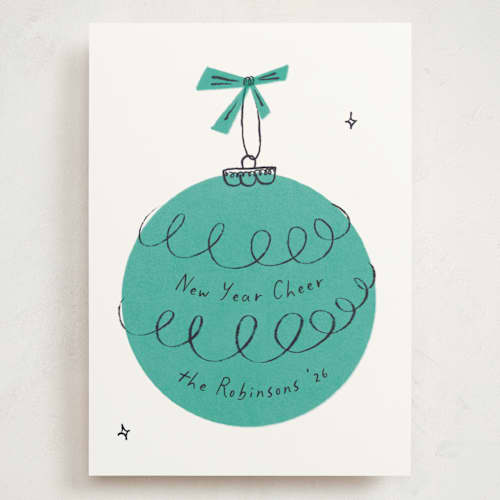 This is a pine holiday photo cards with standard by Gwen Bedat called retro ornament printing on signature in grand