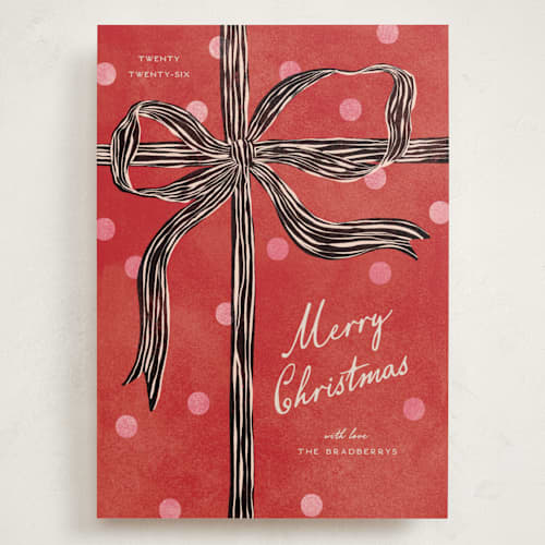 This is a holly holiday photo cards with standard by Pixel and Hank called bow printing on signature in grand