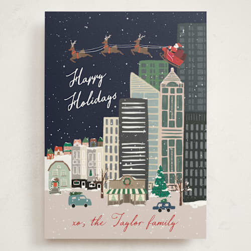 This is a navy holiday photo cards with standard by Alethea and Ruth called christmas night in the city printing on signature in grand