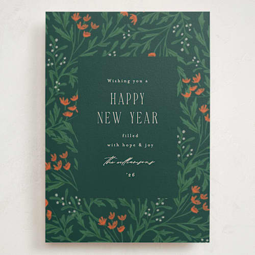 This is a pine holiday photo cards with standard by Amy Kross called festive blooms printing on signature in grand