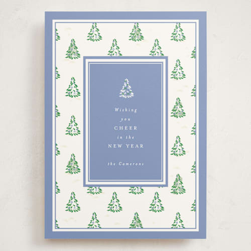 This is a provincial blue holiday photo cards with standard by Corinne Malesic called little trees printing on signature in grand