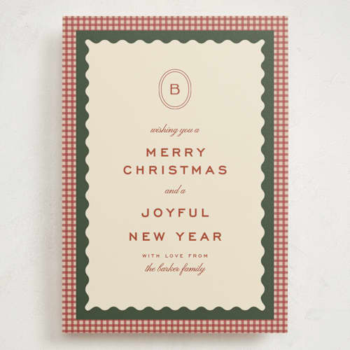 This is a cranberry holiday photo cards with standard by Ellen Schlegelmilch called gingham layers printing on signature in grand