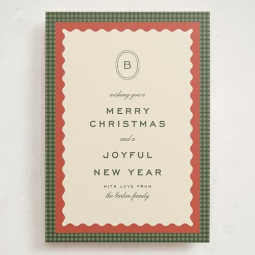 This is a forest holiday photo cards with standard by Ellen Schlegelmilch called gingham layers printing on signature in grand