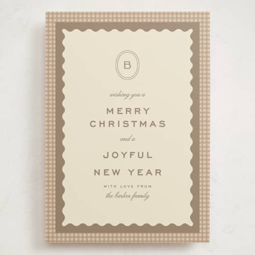 This is a cinnamon holiday photo cards with standard by Ellen Schlegelmilch called gingham layers printing on signature in grand