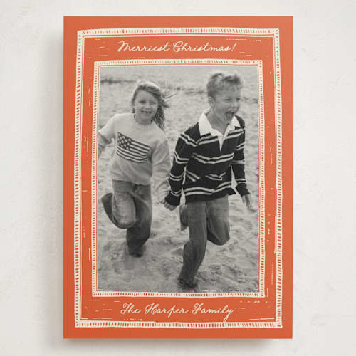 This is a cinnamon holiday photo cards with standard by THE SOCIAL TYPE WHOLESALE called block print printing on signature in grand
