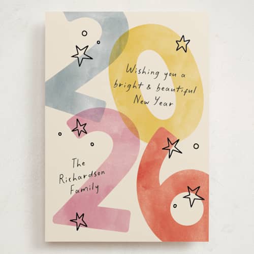 This is a party holiday photo cards with standard by Pixel and Hank called new year stars printing on signature in grand