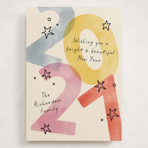 This is a party holiday photo cards with standard by Pixel and Hank called new year stars printing on signature in grand