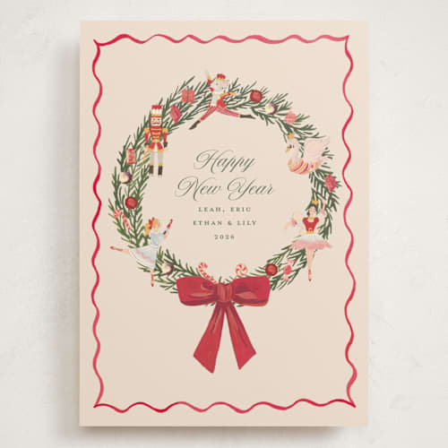 This is a berry holiday photo cards with standard by Teju Reval called nutcracker wreath printing on signature in grand