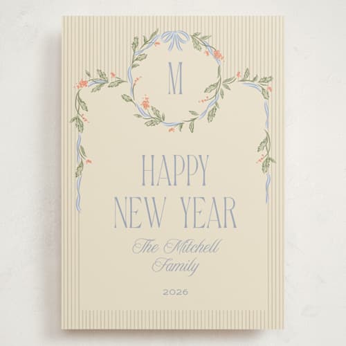 This is a periwinkle holiday photo cards with standard by Robert and Stella called wreath frame printing on signature in grand