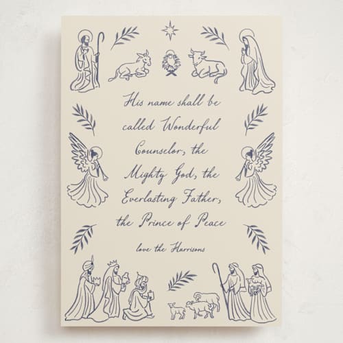 This is a indigo holiday photo cards with standard by Jamie Alexander called nativity printing on signature in grand