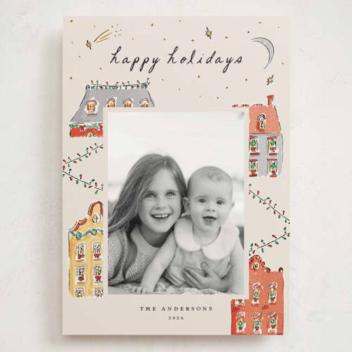 This is a vanilla holiday photo cards with standard by Sarah Rosenthal called festive town printing on signature in grand