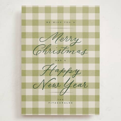 This is a christmas tree holiday photo cards with standard by Wildfield Paper Co called pine gingham printing on signature in grand
