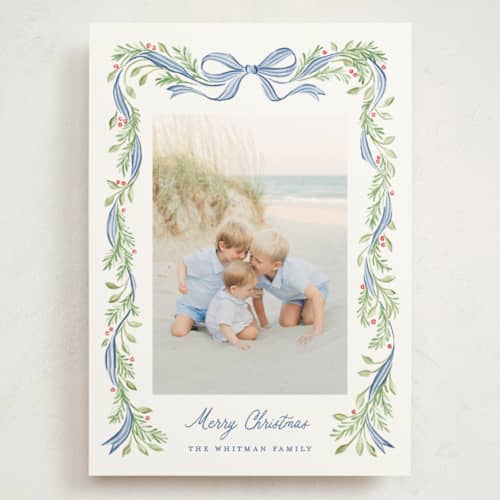 This is a coastal holiday photo cards with standard by Sarah Knight called striped bow printing on signature in grand