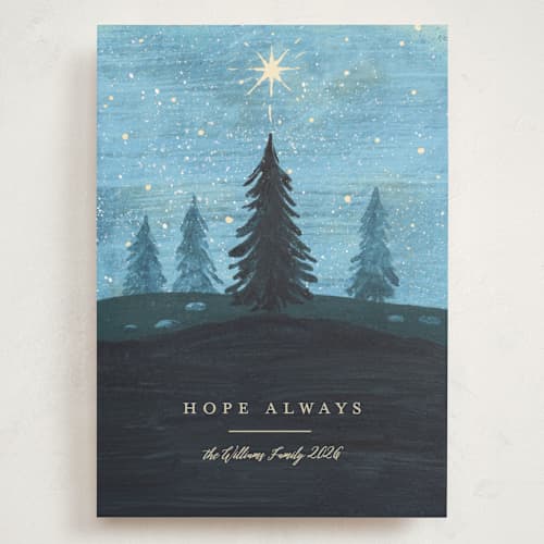 This is a blue spruce holiday photo cards with standard by Rebecca Daublin called hope shines printing on signature in grand