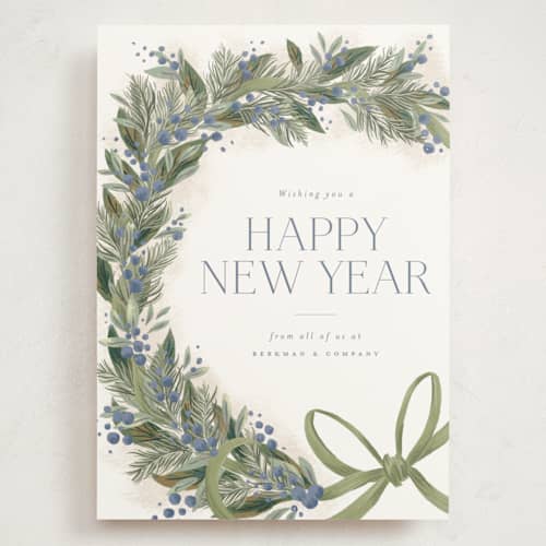 This is a juniper holiday photo cards with standard by Jackie Crawford called festive side ribbon wreath printing on signature in grand