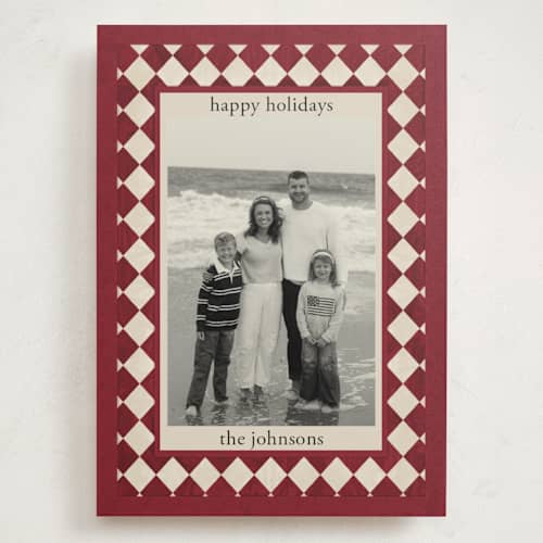 This is a burgundy holiday photo cards with standard by Angel Walker called marble diamond printing on signature in grand