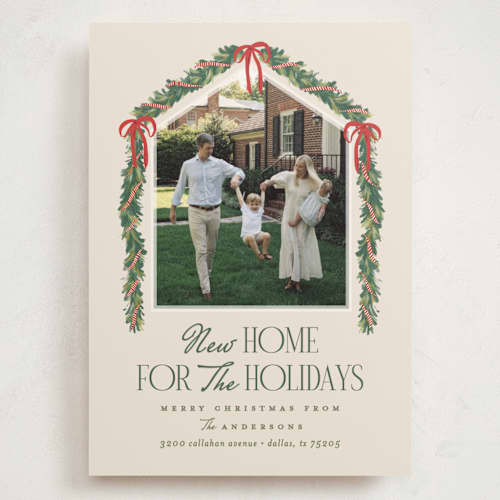 This is a ivory holiday photo cards with standard by Julie Murray called happy new home printing on signature in grand